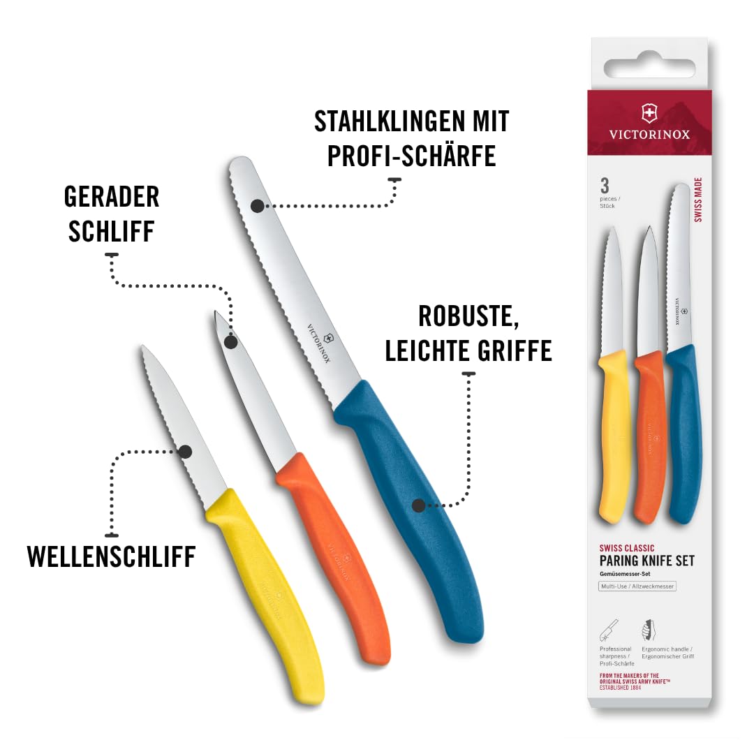 Victorinox Swiss Classic Küchenmesser Set, 3teilig, Gemüse-, Tomaten- und Frühstücksmesser, Scharfe Klinge, Rostfreier Stahl, Gelb/Orange/Blau 5
