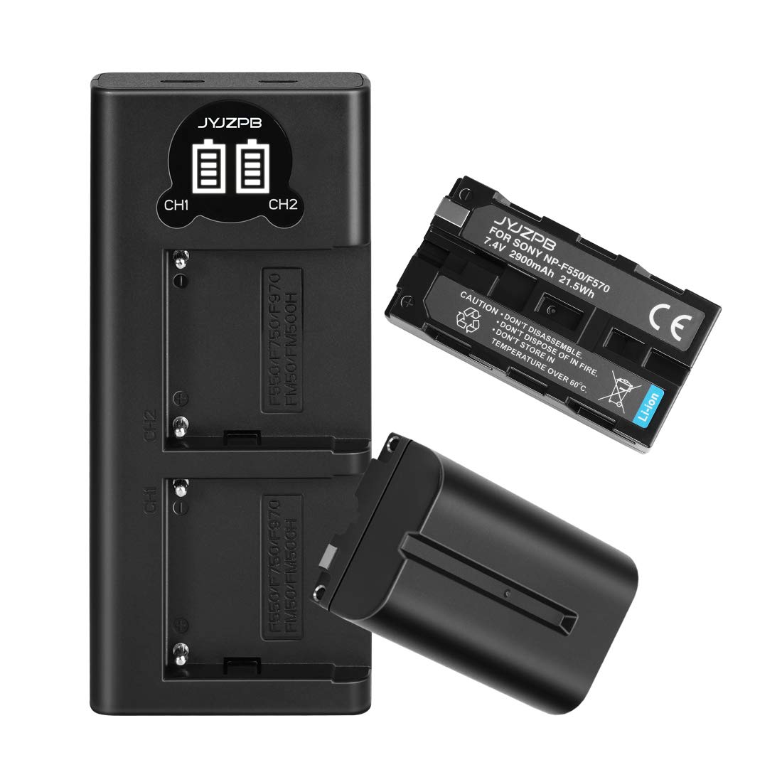 JYJZPB NP-F550 Battery 2900mAh 2-Pack and Dual LED Charger Set, Compatible for Sony NP-F970 NP-F750 NP-F770 NP-F960 NP-F550 NP-F530 NP-F570 CCD-SC55 TR516 TR716 TR818 TR910 TR917 TR940 CN160 CN-216