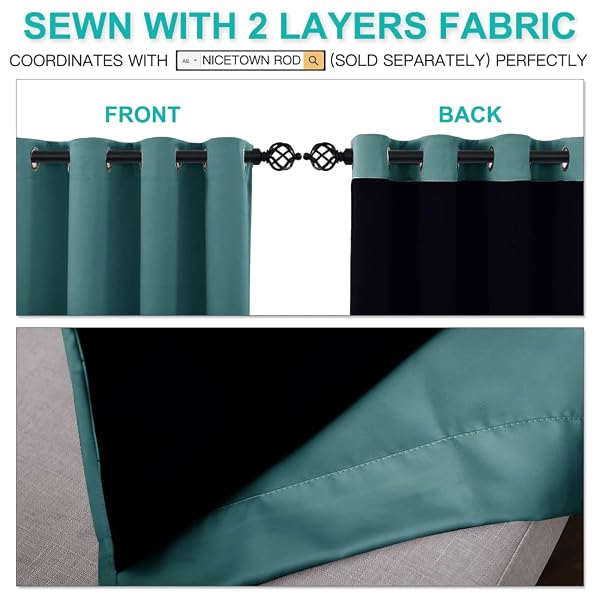 NICETOWN 100% BLACKOUT CURTAINS 108 INCHES LONG, NOISE REDUCTION WINDOW TREATMENT CURTAINS, THERMAL INSULATED ENERGY SMART DRAPES DRAPERIES FOR APARTMENT DECOR, SEA TEAL, SET OF 2, 52 INCHES WIDE