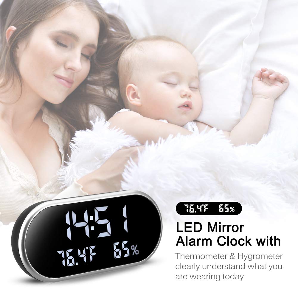 USB Digital Alarm Clocks Mirror Bedside Large LED Display Non Ticking for Kids