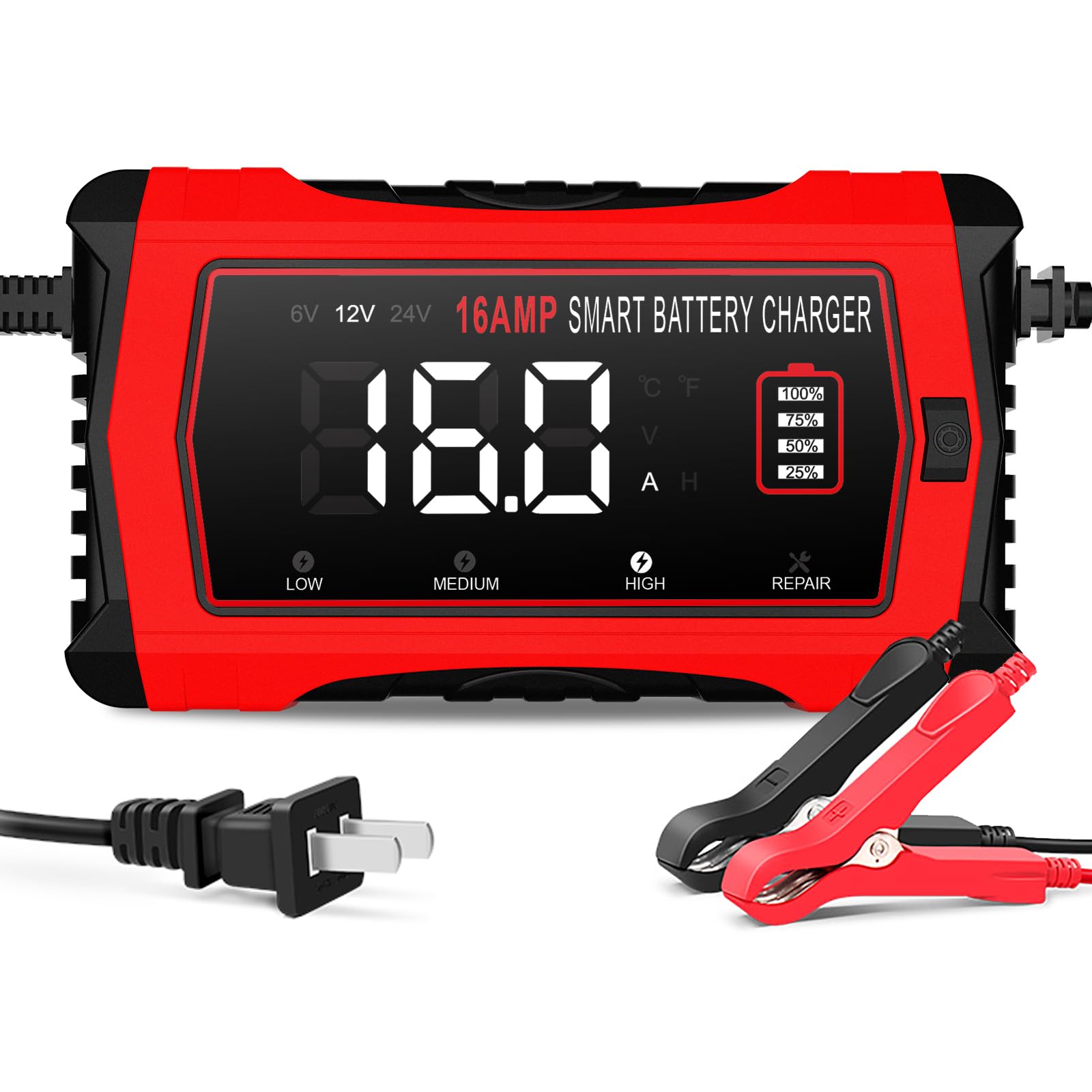 Photo 1 of 16 Amp Battery Charger, Car Battery Charger 6V 12V 24V Lithium,Lifepo4,Lead-Acid(AGM/Gel/SLA..),Battery Maintainer, Trickle Charger, and Battery Desulfator for Car,Boat,Motorcycle…