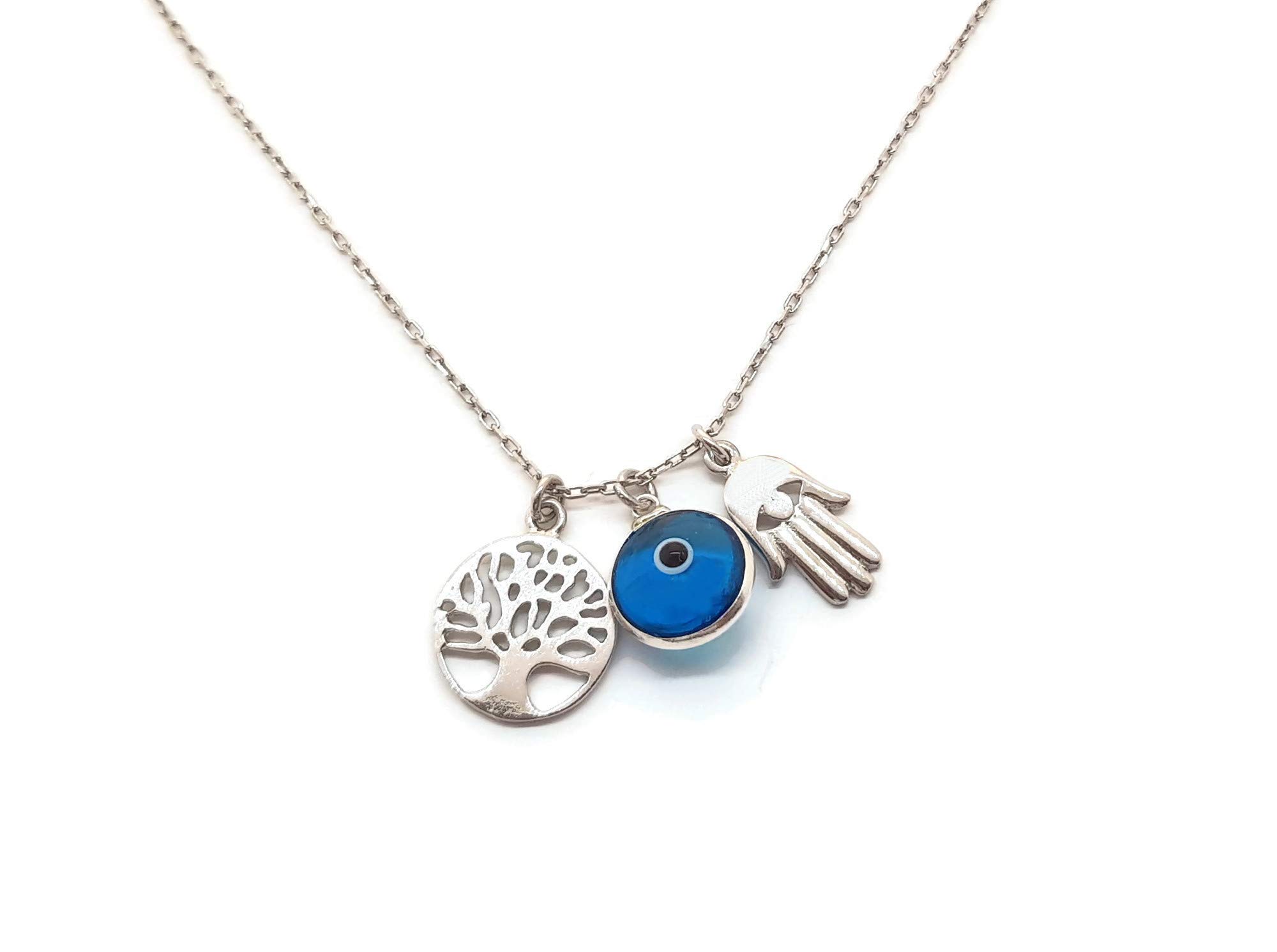 MYSTIC JEWELS By Dalia– 925 Sterling Silver Necklace – Three Symbols, Hand of Fatima & Tree of Life & Good Luck Eye