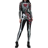 Roevite Halloween Bodysuits for Women Skeleton Jumpsuit Long Sleeve Halloween Costume Zip-up Skull One Piece Outfit