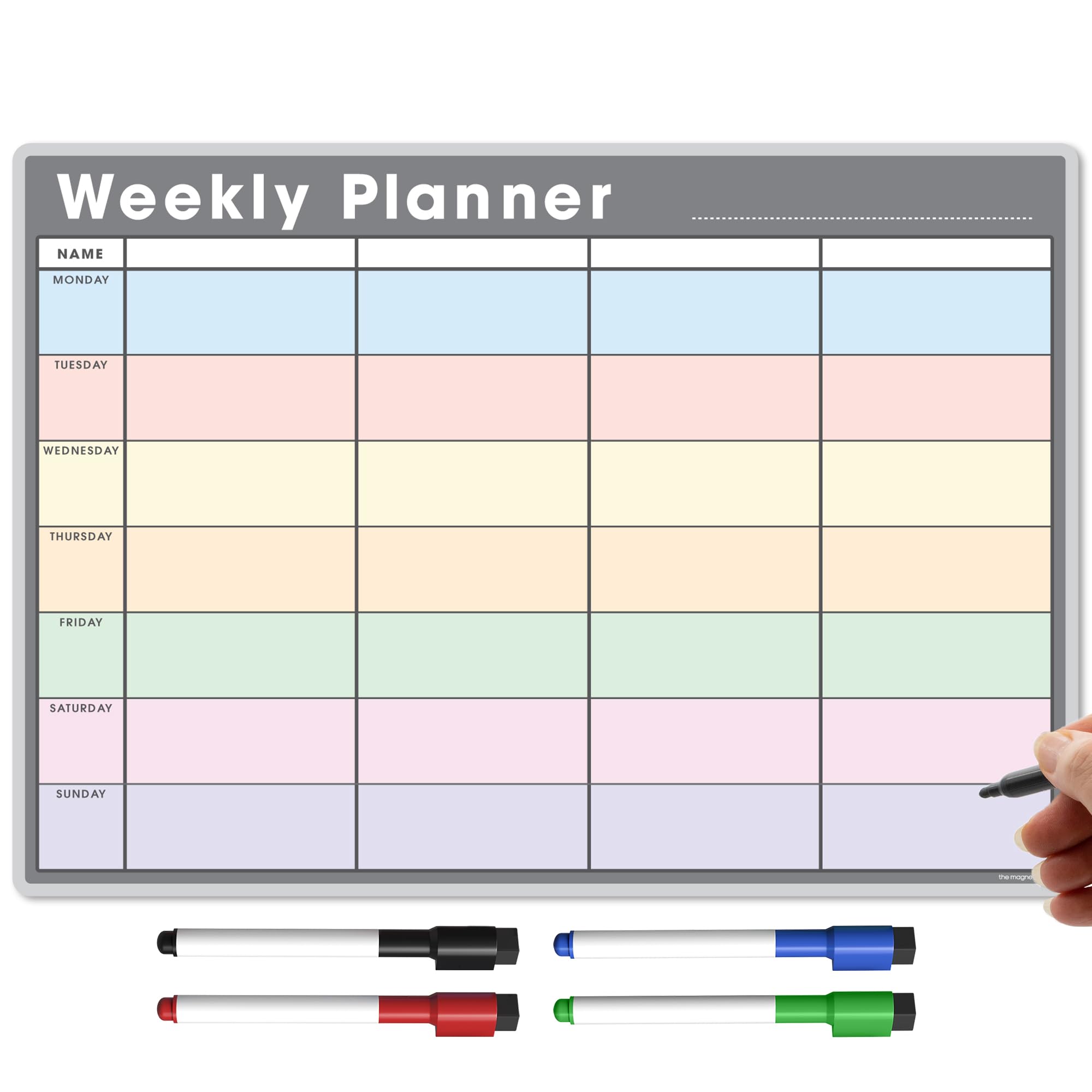 TMS A3 Magnetic Weekly Planner and Organiser | Fully Customisable Whiteboard for Family or Business Tasks and Meal Planning | with 4 Free Magnetic Dry Wipe Pen (Grey - Multi-Coloured, A3)