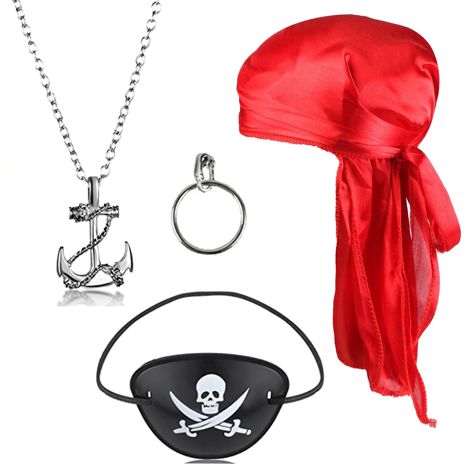 Sasifeni 4 PCS Pirate Costume Accessories Kit, Adults Fancy Dress Set Includes Eye Patches Red Pirate Bandana Sliver Anchor Necklace Hoop Earrings, for Adult Halloween Party Supplies, Sliver
