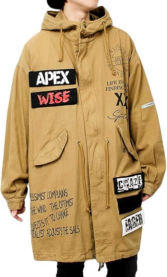 Amazon モッズコート メンズ ビッグシルエット ロゴ プリント ミリタリー M 51 オーバーサイズ ルーズ ロングコート F ベージュ 1 コート ジャケット 通販