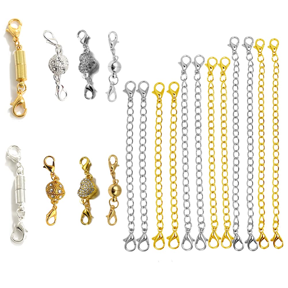20 pcs Magnetic Lobster Clasps and Chain Extenders, BOSOIRSOU Heart Shape Necklace Connector Bracelet Buckle Closure for Jewelry Décor, Extension Chain for DIY Craft Jewelry Making Supplies