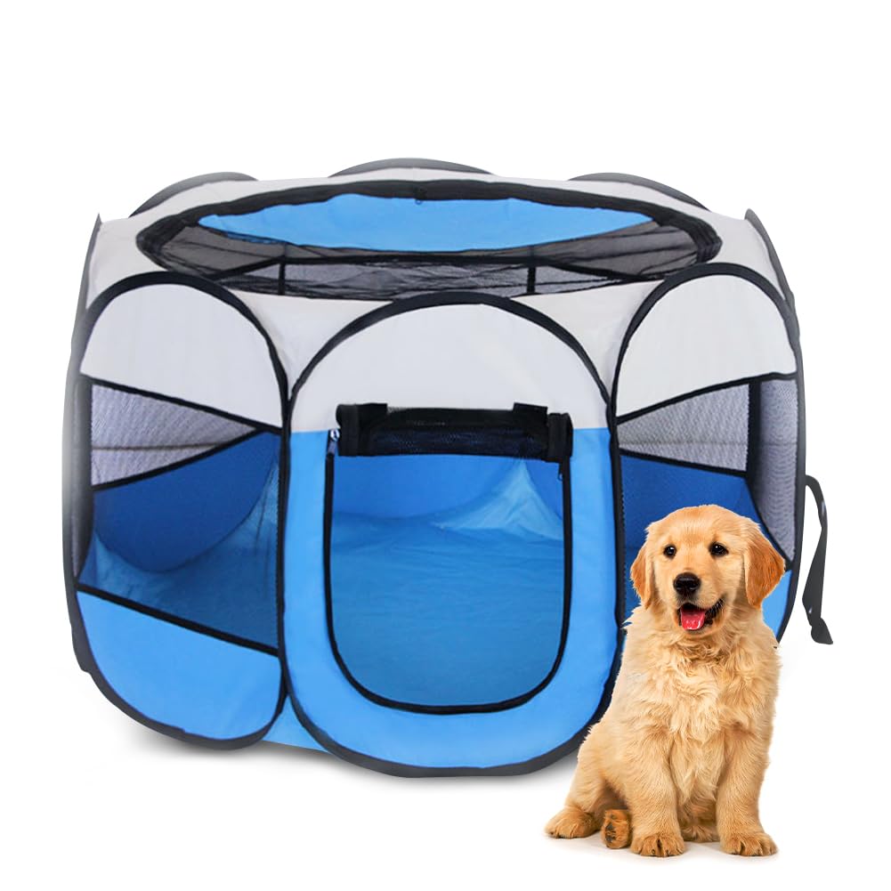 EUBSWA Indoor Puppy Playpen, 74 x 74 x 43 cm, Blue, with 2 Doors Foldable, Ideal for Small Animals