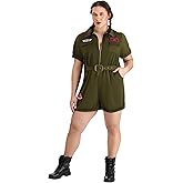 Womens Plus Size Top Gun Costume, Pilot Flight Suit Romper Halloween Uniform With Patches & Belt