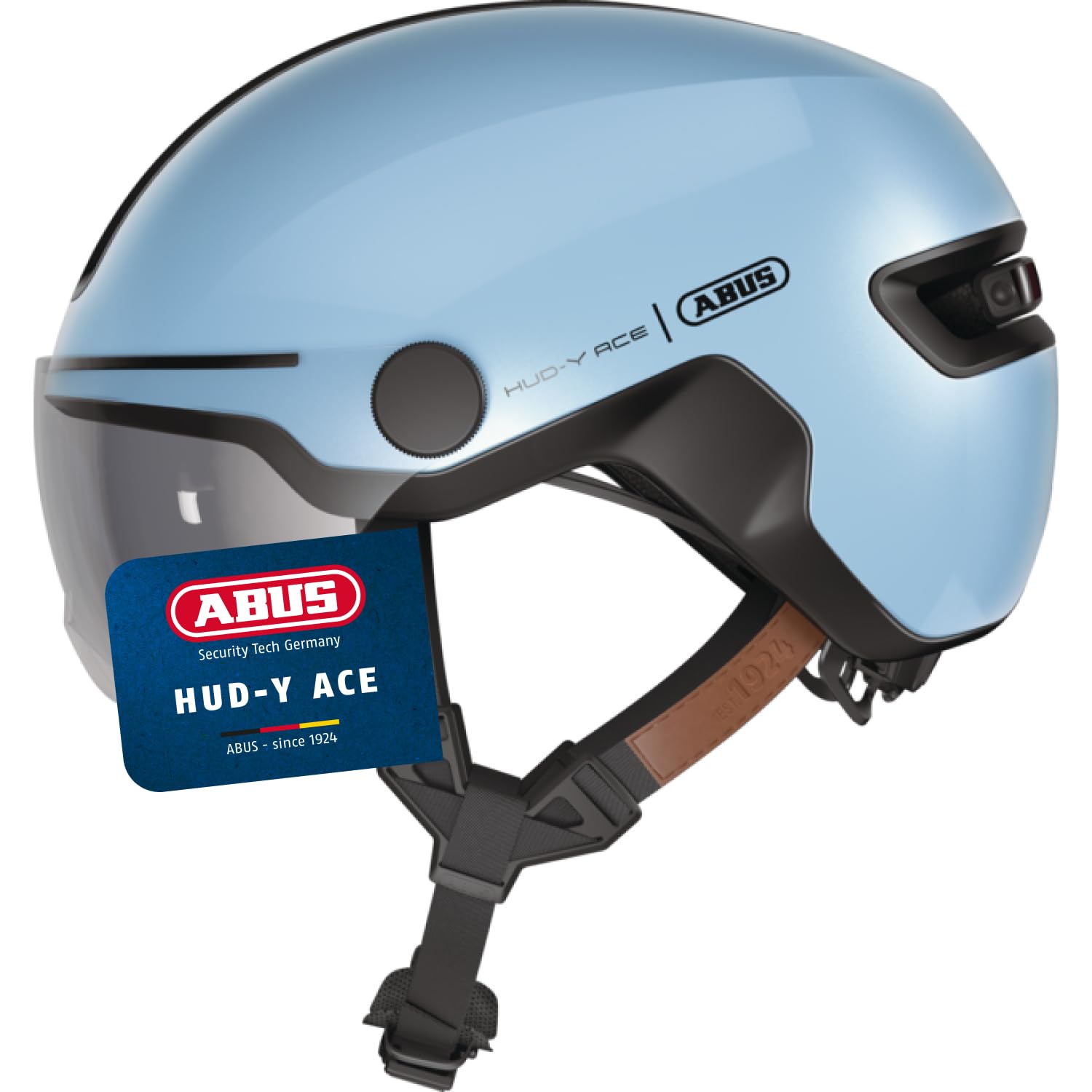 ABUS HUD-Y ACE city helmet - stylish bike helmet with visor and magnetic, rechargeable rear LED light - for men and women - blue, size S