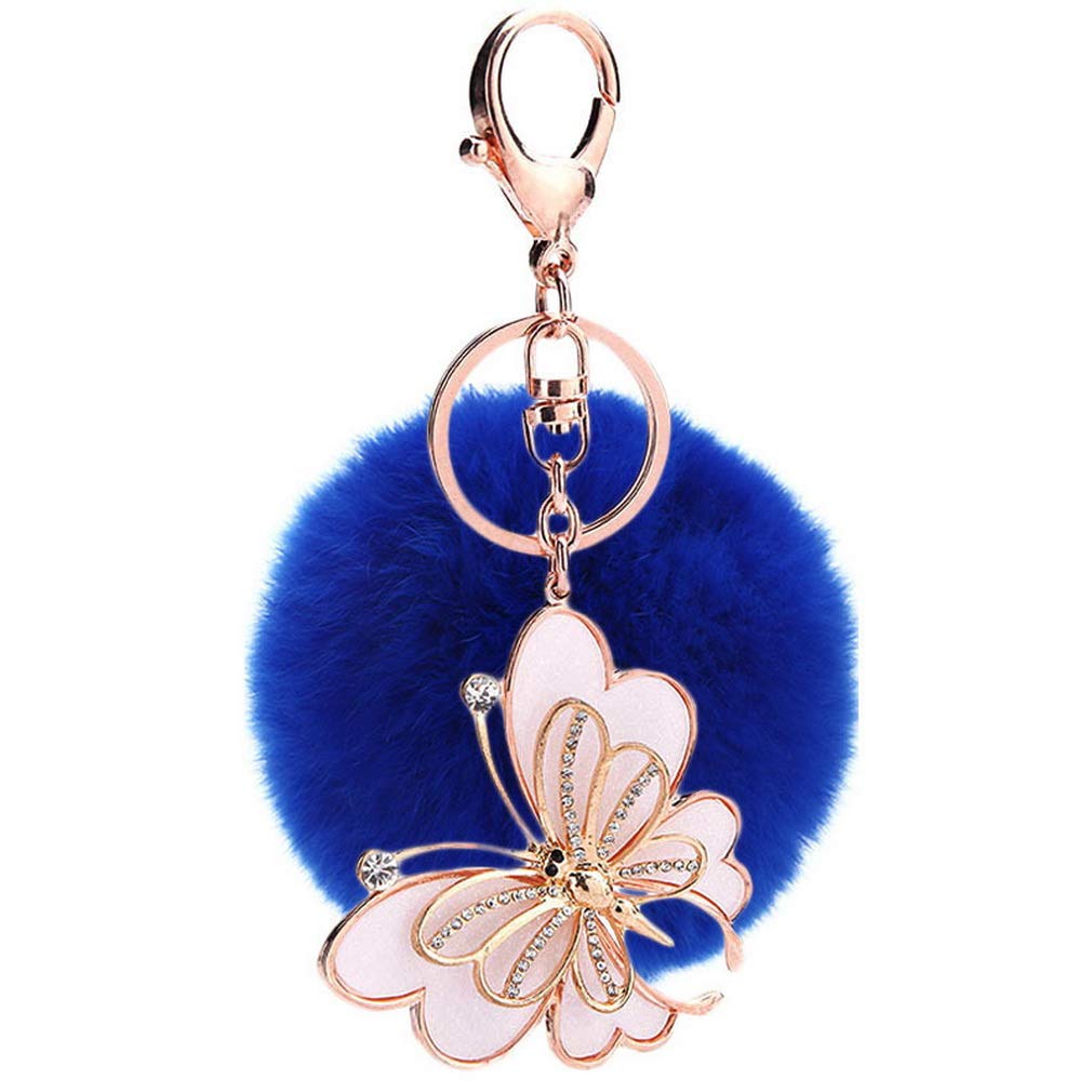 JK Home Ball Pom Pom Plush Butterfly Keychain for Car Phone Bag Toy Blue