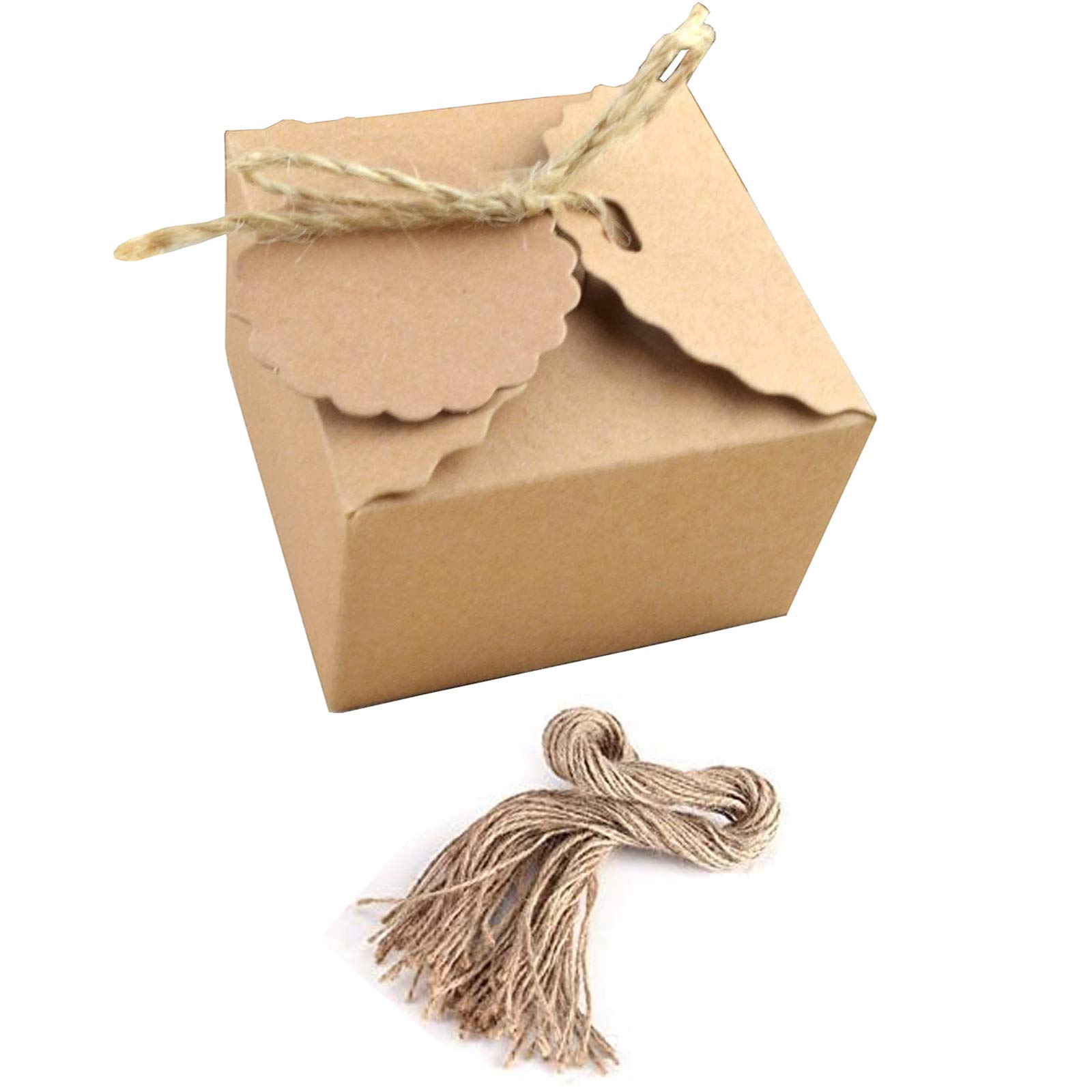 Etern 50PCS Kraft Paper Box Gift Box, Square Gift Wrapping Kraft Paper Box, with Batural Jute Twines, for Gift Packaging, Birthday Party Gifts, Festival Gifts (Jute Rope)