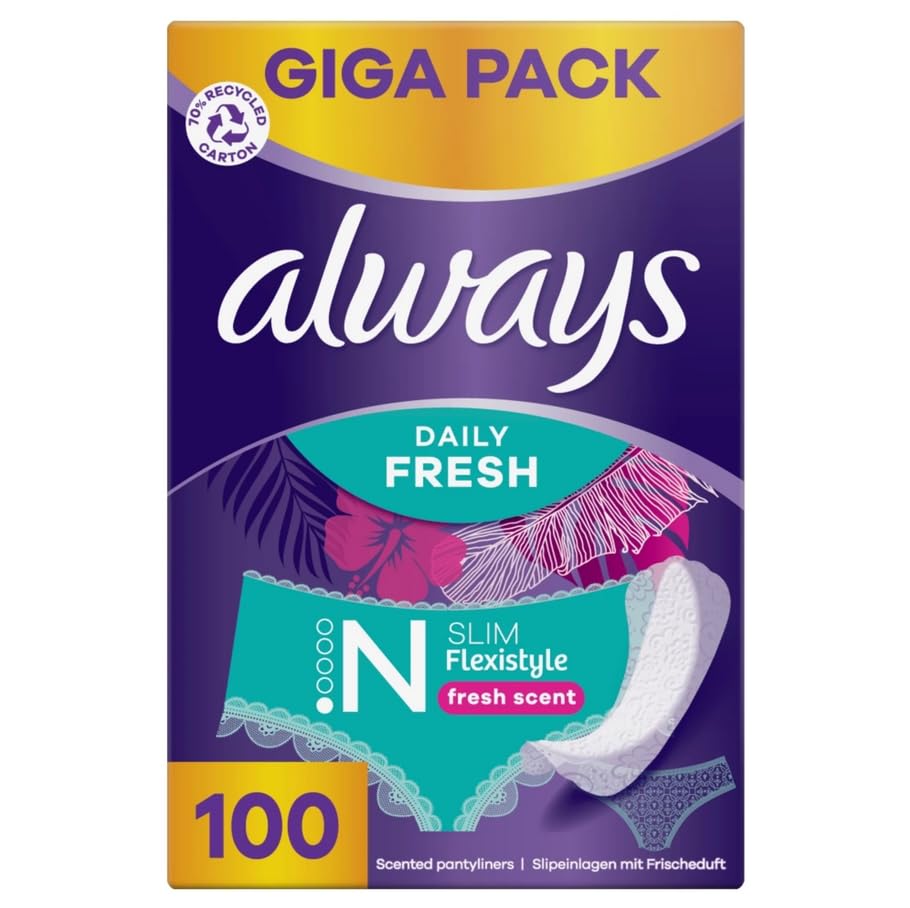 Always Dailies Women's Slim Fresh Normal Panty Liners (100 Pads), Giga Pack with Fresh Fragrance, Suitable for All Panty Shapes, Breathable, Flexible