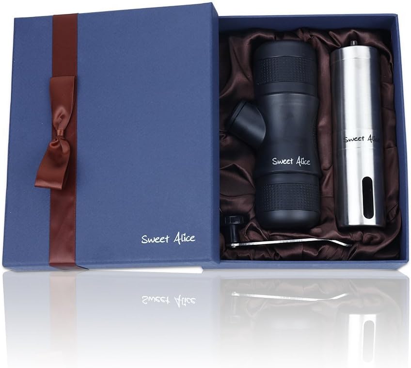 Travel Coffee Maker with Grinder Set - Manual Hand Grind and Brew Coffee Maker with Conical Burr Stainless Steel Blades,Portable Outdoor Mini Espresso Grinder Maker Set