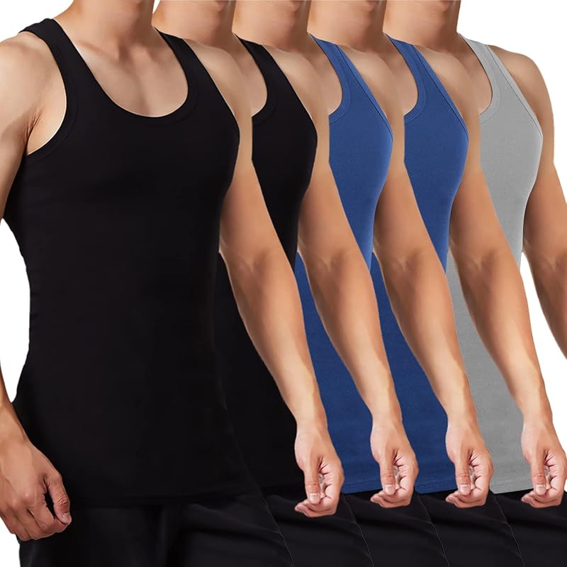 Unterhemd Herren Tank Top 5er Pack gekämmte Feinripp Baumwolle, 2 Schwarz 2 Marine 1 Grau, S