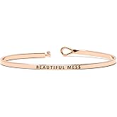 by you Inspirational Positive Message Engraved Thin Cuff Bangle Hook Bracelet (Beautiful Mess -Rose Gold, Brass)