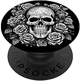 Skull And Roses Floral Dark Goth Horror Skull PopSockets Adhesive PopGrip