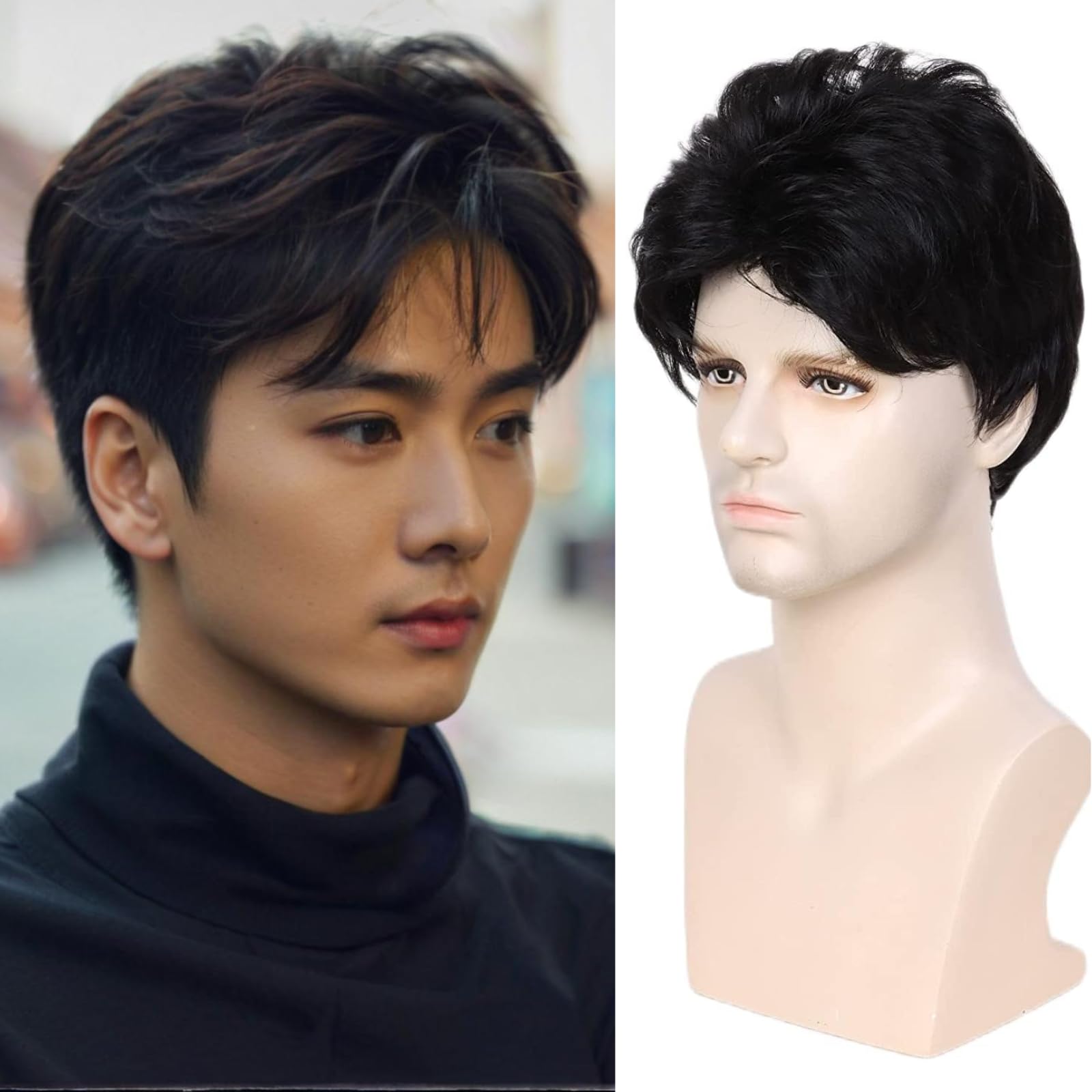 BECUS Mens Short Black Wig Natural Layered Style Synthetic Hair for Male Daily Wear Party Use Cospaly Costume Halloween(Black)