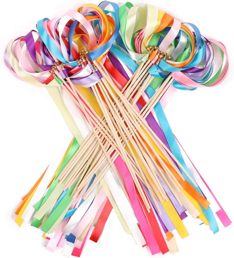 Ribbon Wands Mix Color Chromatic Silk Streamers with Bells Fairy Stick Wish for Christmas Wedding Party Activities Gift(Pack of 30)