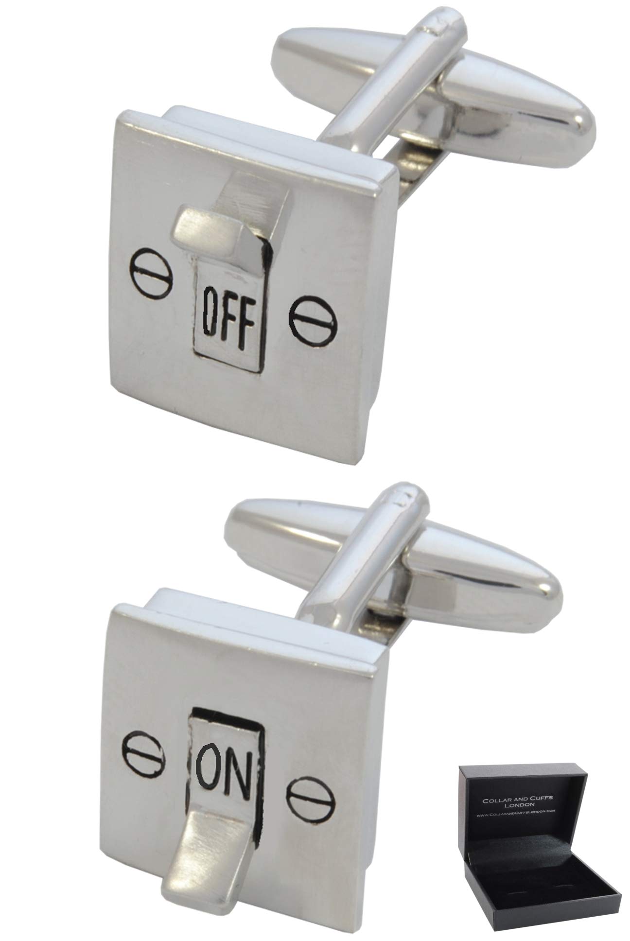 Cufflinks for Men + Presentation Box - Novelty - Electric Light Switch - On and Off - Solid Brass Metal - Electrician - DIY - Silver Colour - One Pair