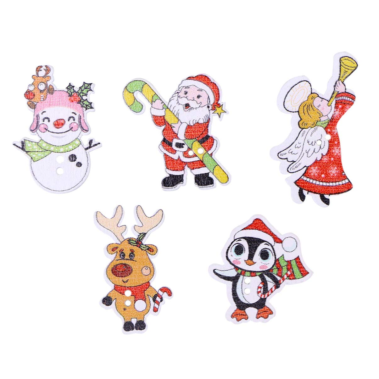 SUPVOX 50pcs Christmas Flatback Buttons Wood Sewing Buttons Scrapbooking Embellishments Santa Claus Snowman Reindeer Angel Buttons (Mixed Pattern)