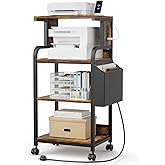 Tall Printer Stand with Charging Station, 4-Tier Mobile Printers Cart | Large Printer Table with Storage Adjustable Shelf and Bag, with Wheels for 3D Shredder Scanner Fax (Retro Brown)