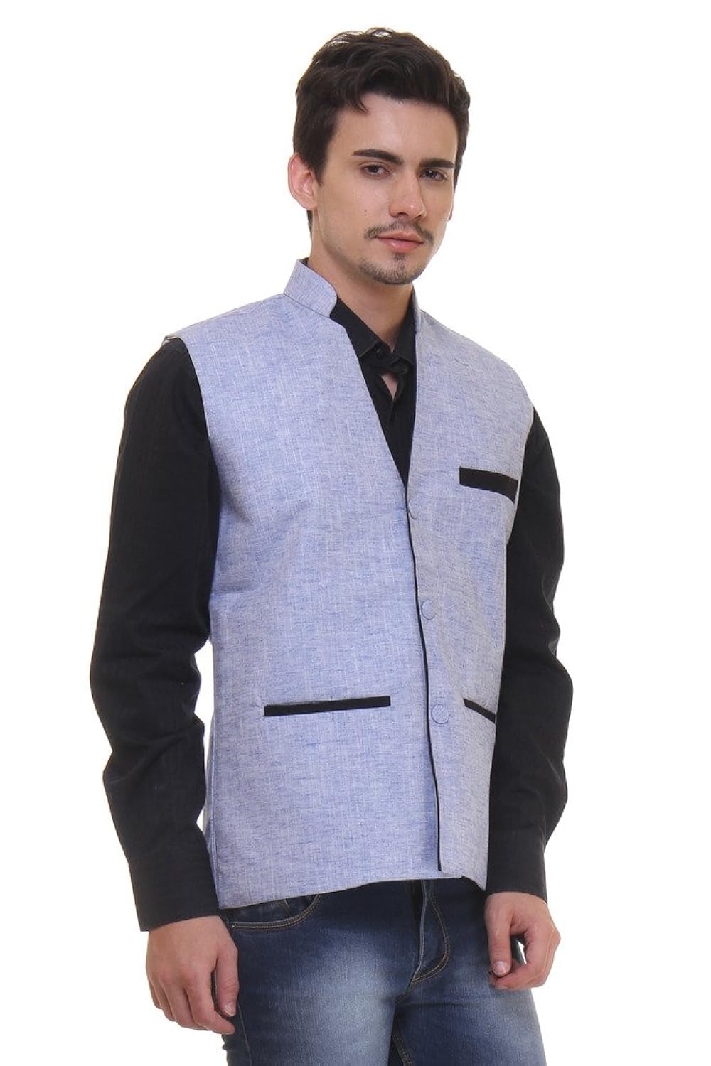 routeen blue casual formal v neck waistcoat linen jackets for men