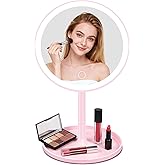 Amifiy Makeup Mirror with Lights, Rechargeable 8" Magnetic 360° Rotation Pink Vanity Makeup Mirror, 3 Colors & Brightness Adjustable, Detachable, Lighted Beauty Mirror for Desk, Travel