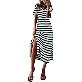BLENCOT Women Summer Dress Striped Short Sleeve V Neck Sundress Casual Side Slit Beachwear T-Shirt Dresses