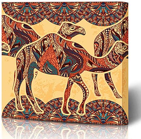 Krezy Decor Canvas Print Wall Art Painting 16"x16" Tribal Egyptian Pattern Camel Decorated Culture Oriental Dubai Old Desert Vintage Asia Gallery Wrapped Artwork Home Living Room Office