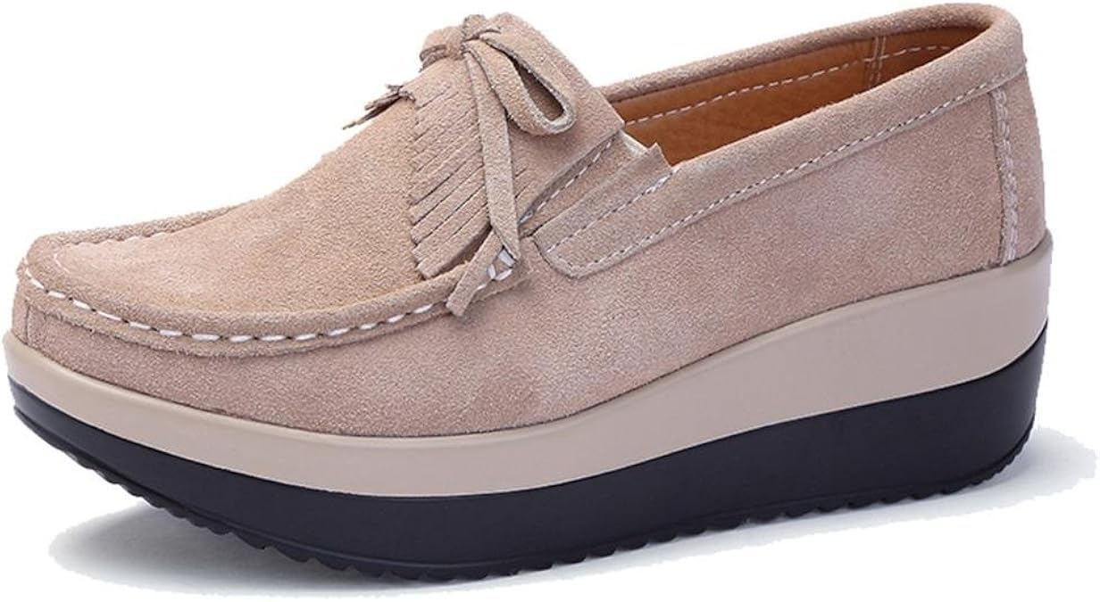 TRULAND Women's Suede Leather Slipon Comfort Wedge Platform Fringe