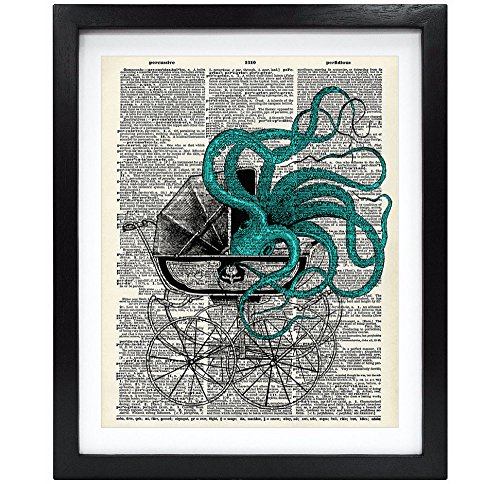 Susie Arts 8X10 Unframed Octopus in Old Baby Carriage Upcycled Vintage Dictionary Art Print Eco Friendly Book Art Print…