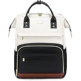 LOVEVOOK Leather Backpack for Women,18 inch Leather Laptop Backpacks Women,Professional Work Backpacks Nurse College Teacher Bag,Womens Laptop Tote Bag Computer Travel Backpack,Beige White-Black-Brown