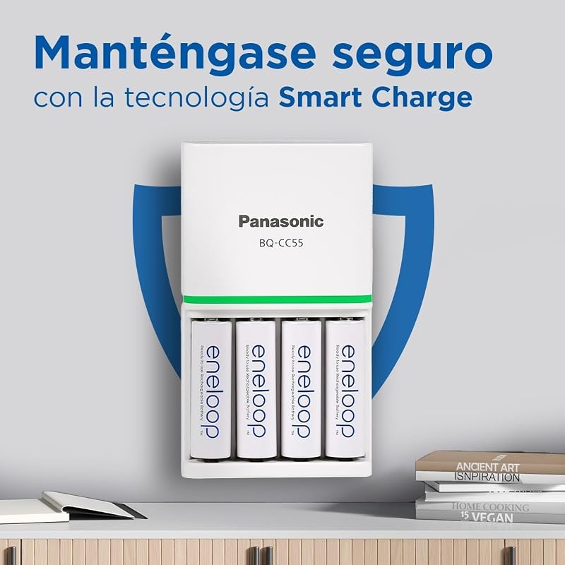 SmartPlus. Cargador para 1 a 4 pilas AA/AAA Ni-MH con 4 pilas eneloop AA/Mignon de capacidad mejorada y 10 funciones de seguridad.