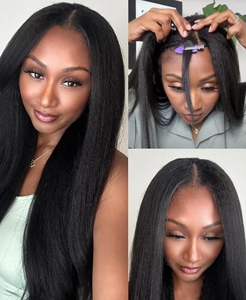Black V Part Wig Kinky Straight Wig Upgrade U Part Synthetic Wigs for Black Women Full Head Clip In Hair Glueless Blend Human Hair Replacement Synthetic Wigs Natural Scalp (New Black, 26 Inch)