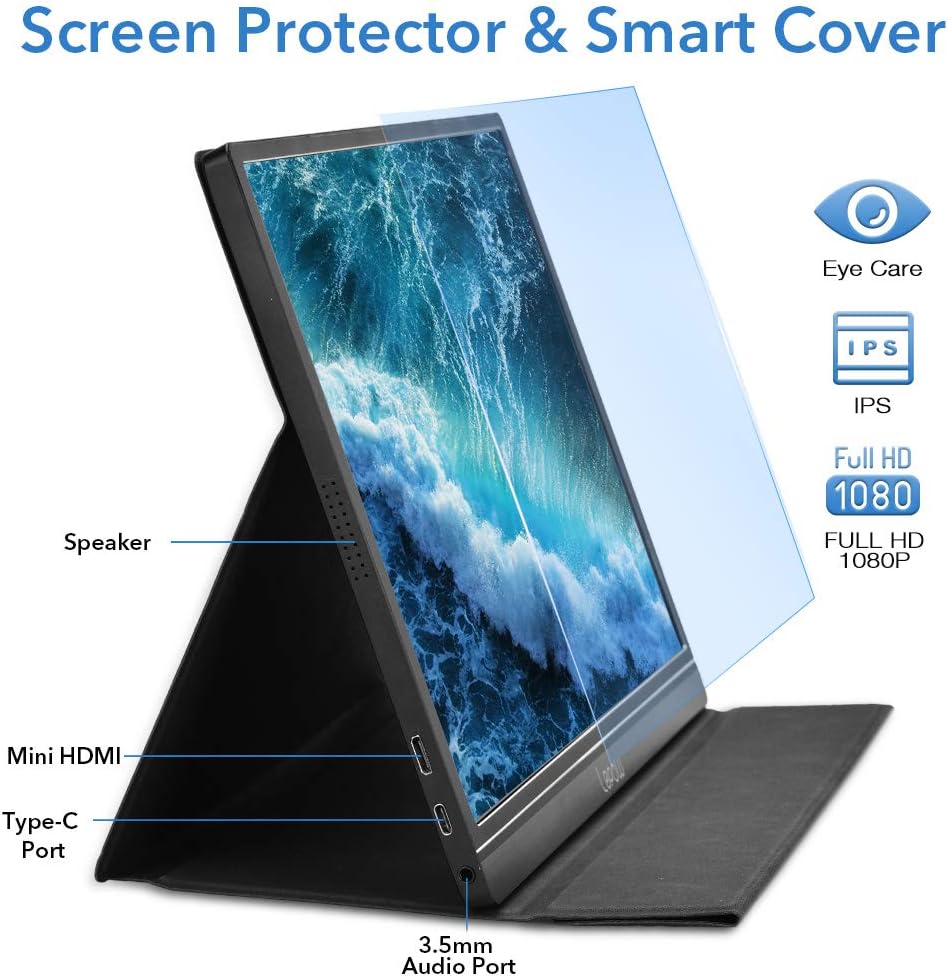 Portable Monitor - Lepow 15.6 Inch Full HD 1080P USB Type-C Computer Display IPS Eye Care Screen with HDMI Type C Speakers for Laptop PC PS4 Xbox Phone Included Smart Cover & Screen Protector Black: Computers & Accessories