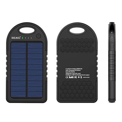 Dizaul Solar Charger, 5000mAh Portable Solar Power Bank Waterproof