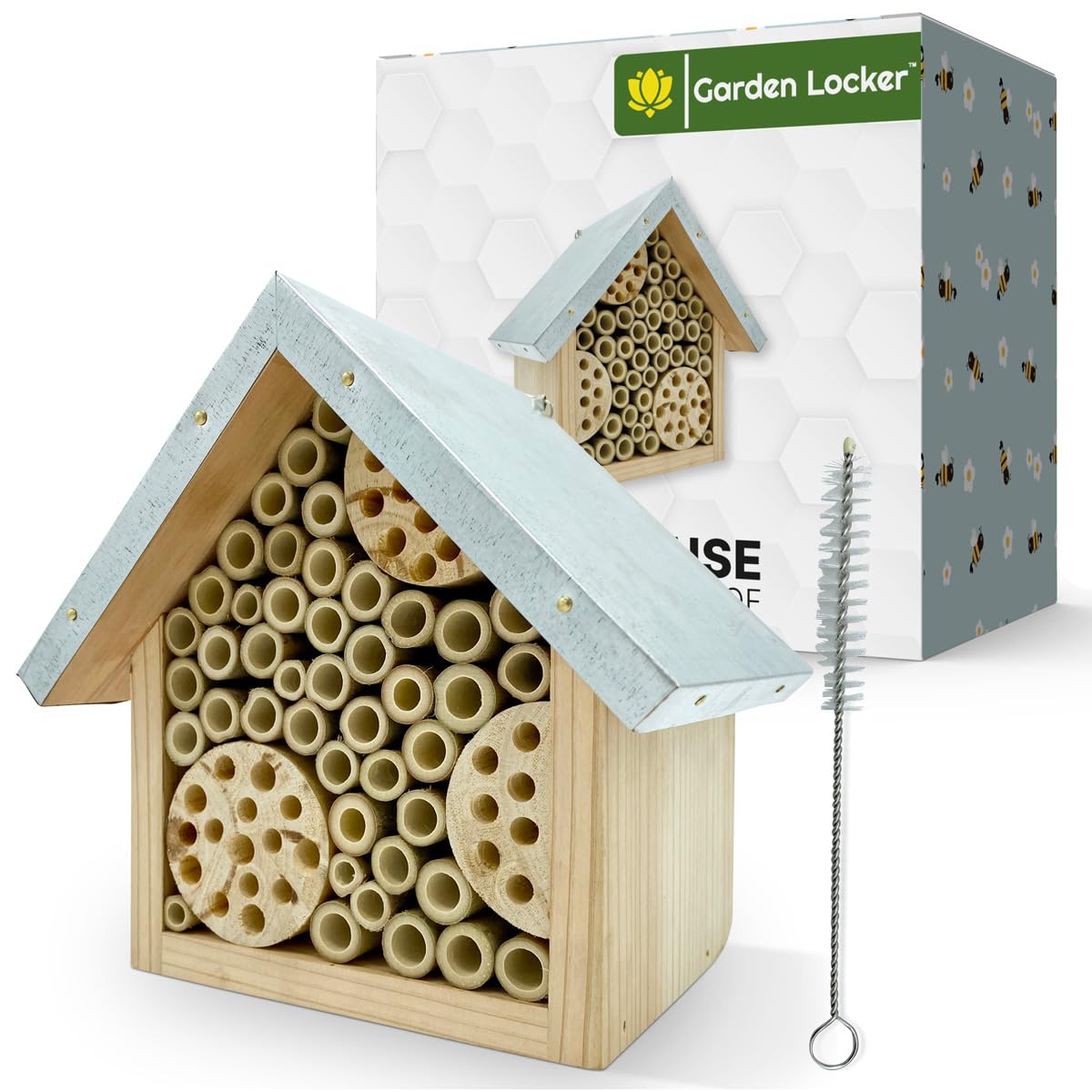 Garden Locker Wild Bee House Insect Hotel with Metal Roof – Bug Home for Solitary Bees, Butterflies & Insects (17×12×17 cm)