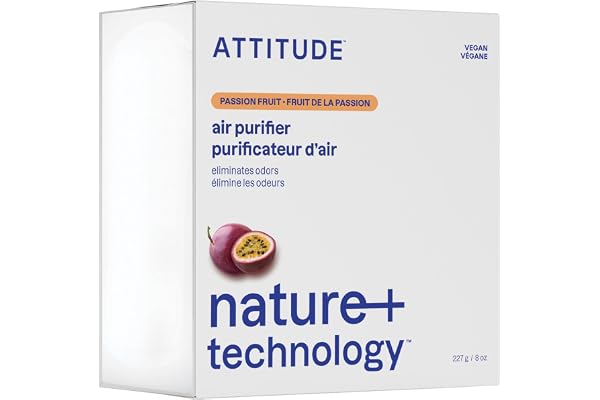 ATTITUDE Odor Eliminator with Activated Carbon, Plant-Based Air Purifier, Vegan, Made in Canada, Passionfruit Scent, 227 g