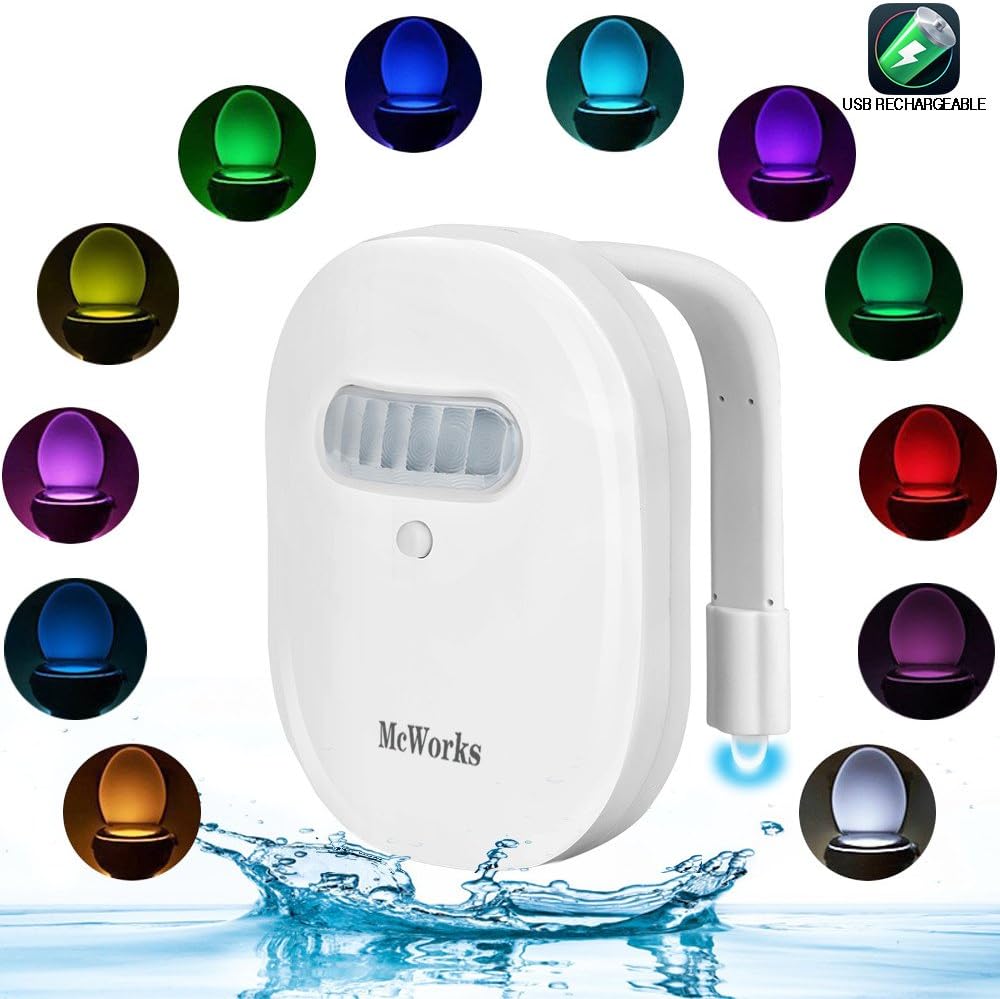 McWorks Toilet Lights with Waterproof Design IP67, Rechargeable Motion Sensor Light with 12 Colors Changes