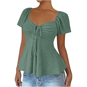 Women's Peplum Tops Short Sleeve Eyelet Babydoll Shirts Loose Fit Tie Front Ruched Summer Boho Tunic Blouse