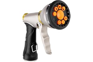 HOUGARIEE Hose Nozzles 9 Adjustable Patterns Hose Spray Nozzle Heavy Duty Metal Hose Nozzle Spray Slip Resistant Water Sprayer for Cleaning/Watering Lawn Garden/Pets Shower/Car Washing, silvery