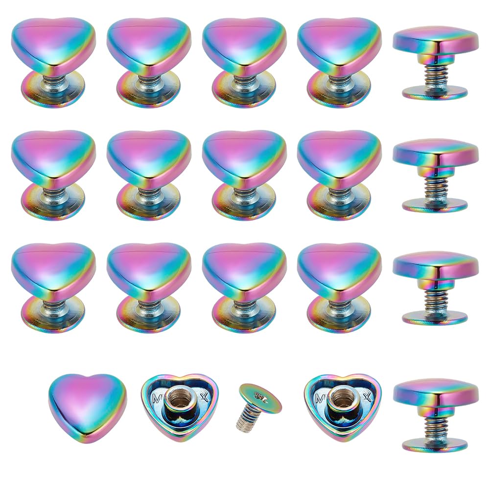 WADORN 14 Sets Heart Shape Decoration Rivets Studs, 10mm Rainbow Heart Leathercraft Rivets DIY Metal Speedy Rivet Screwback Studs for Belts Purse Shoes Clothing Craft Accessories