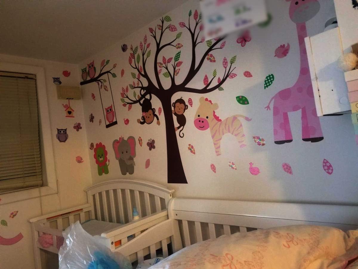 DEKOSH Kids Pink Jungle Theme Peel & Stick Girl Nursery Wall Decal, Colorful Owl Giraffe Lion Tree Decorative Sticker for Baby Bedroom, Playroom Mural: Kitchen & Dining