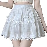 RILGOU Kawaii Gothic Vintage Casual Style Elastic Waist Bow-Knot Lace Trim Layered White Skirt with Shorts Underneath
