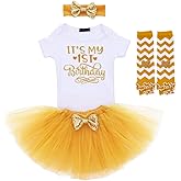 OBEEII Baby Girl 1/2 1st 2nd Birthday Outfit Short Sleeve Romper Tutu Skirt Headband Leg Warmers Set Cake Smash Photoshoot