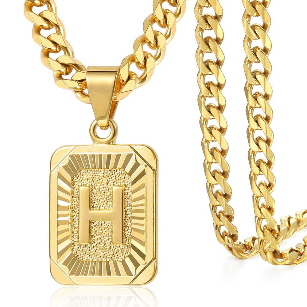 Trendsmax Gold Plated Initial Letter H Pendants for Men Women Alphabet Couple Jewelry Stainless Steel Curb Cuban Necklace Chain 22inch