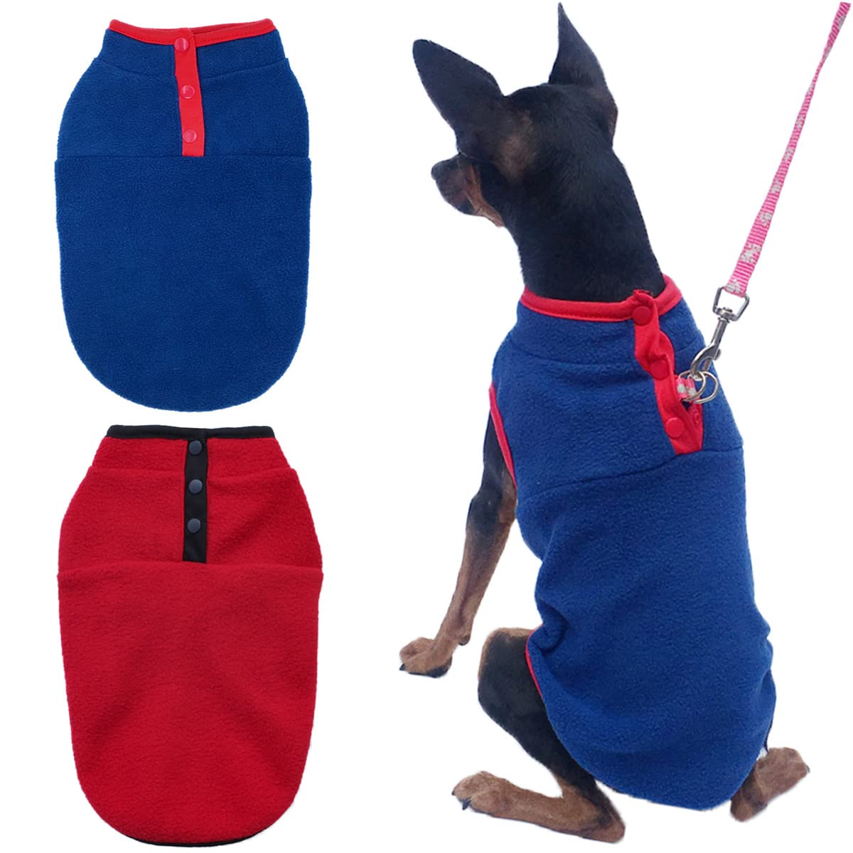 Photo 1 of 2 Pack Dog Sweater, Warm Puppy Jacket, Autumn Winter Coat, Pet Stretch Fleece Apparel with Buttons for Small Medium Dogs Cats (Red+Blue, Large)