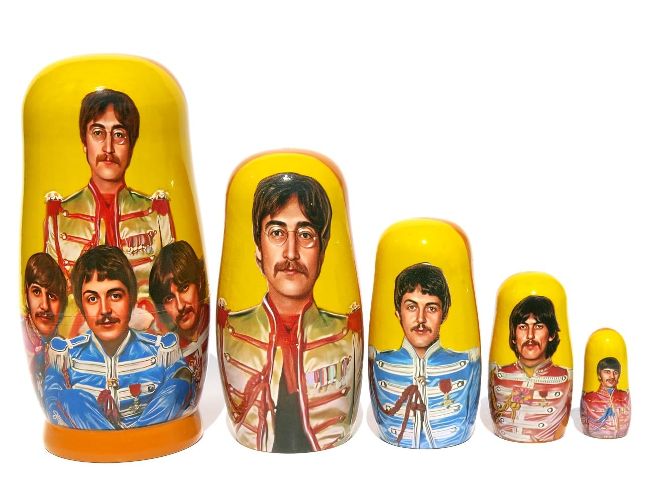 New The Beatles SGT. Pepper's Russian Style Nesting Doll 5 Piece Stacking Matryoshka Portrait Memorabilia Wooden Doll in Doll Set 5.5-6 Inches Tall