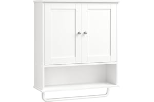 VASAGLE Siren Collection - Hanging Bathroom Cabinet with Towel Rod, Farmhouse Wall Storage Cabinet, with Adjustable Shelf, an